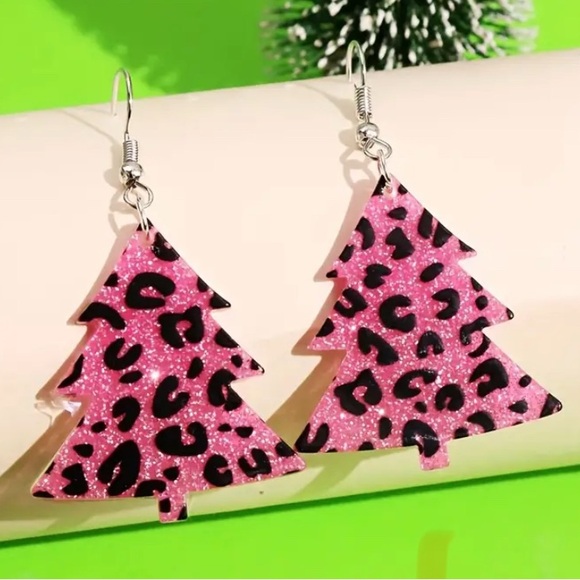 Pink Christmas Tree Earrings - Picture 1 of 5